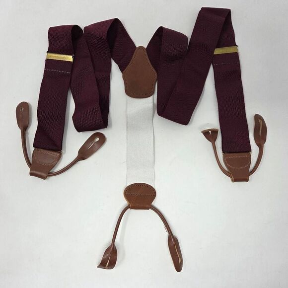 DOONEY & BOURKE SUSPENDERS BRACES MAROON WHITE BROWN LEATHER BRASS ADJUSTABLE - Picture 1 of 5